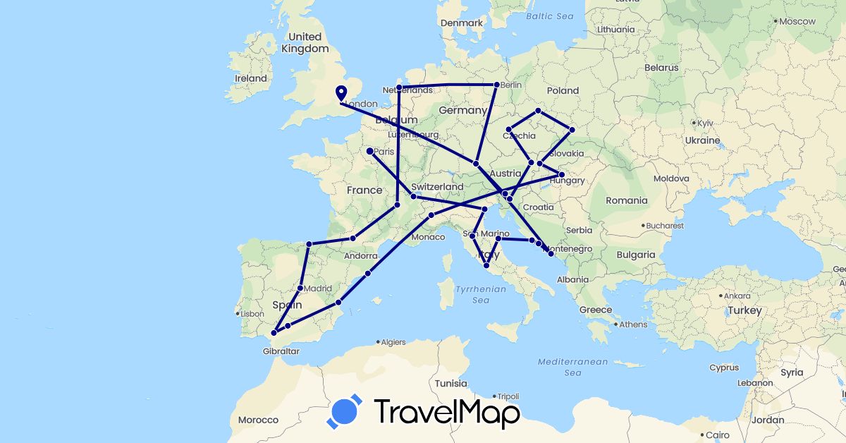 TravelMap itinerary: driving in Austria, Switzerland, Czech Republic, Germany, Spain, France, United Kingdom, Croatia, Hungary, Italy, Netherlands, Poland, Slovenia, Slovakia (Europe)